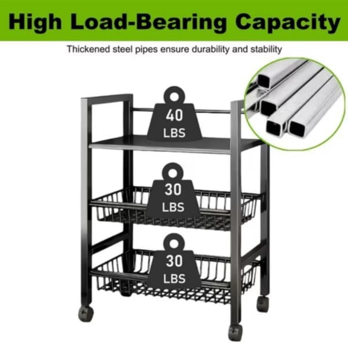 3-Tier Rolling Storage Cart with 2 Removable Wire Baskets, Heavy Duty Metal Organizer Rack, Slim Kitchen Cart for Pantry, Bathroom, Office