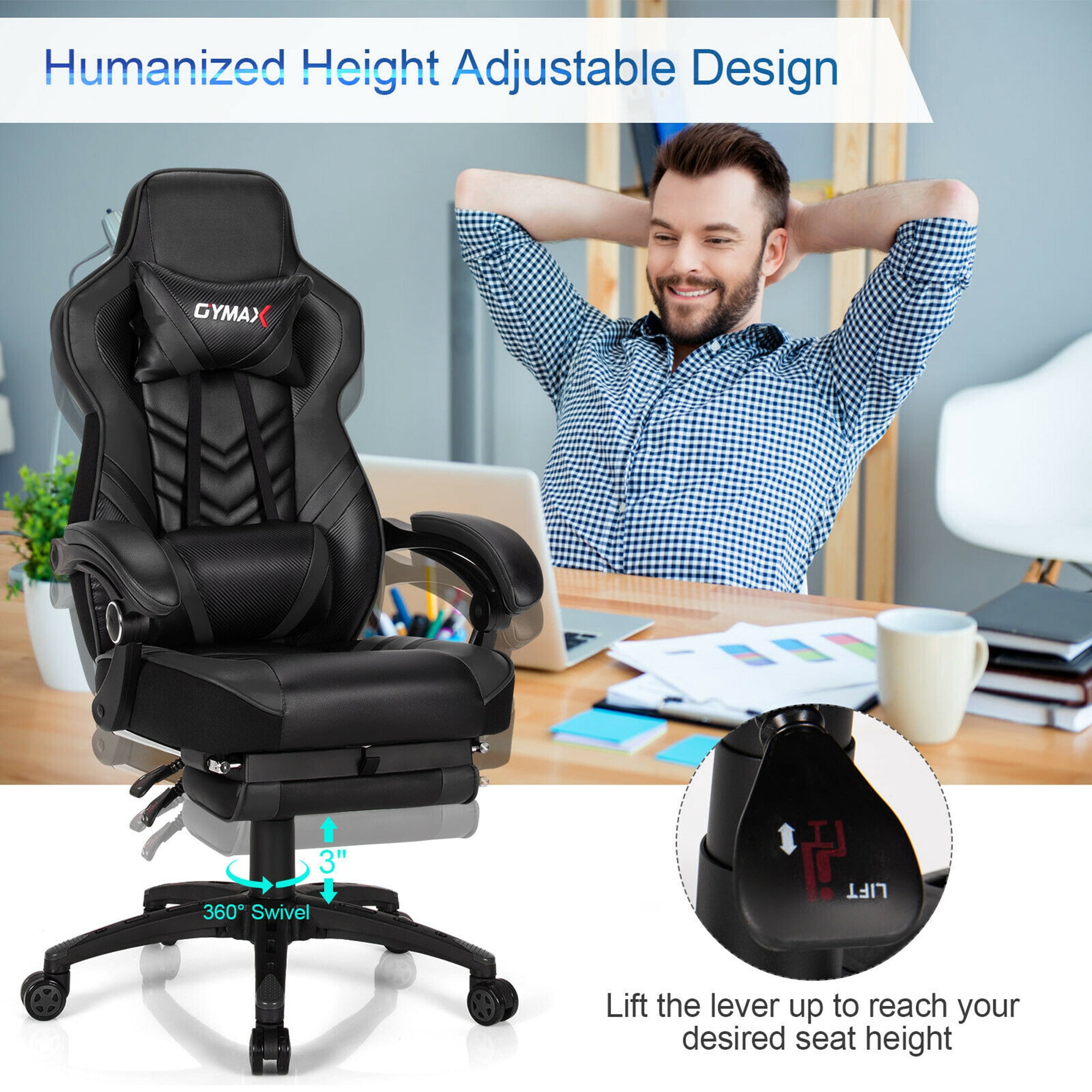 Gymax Office Computer Desk Chair Gaming Chair Adjustable Swivel w/Footrest Black