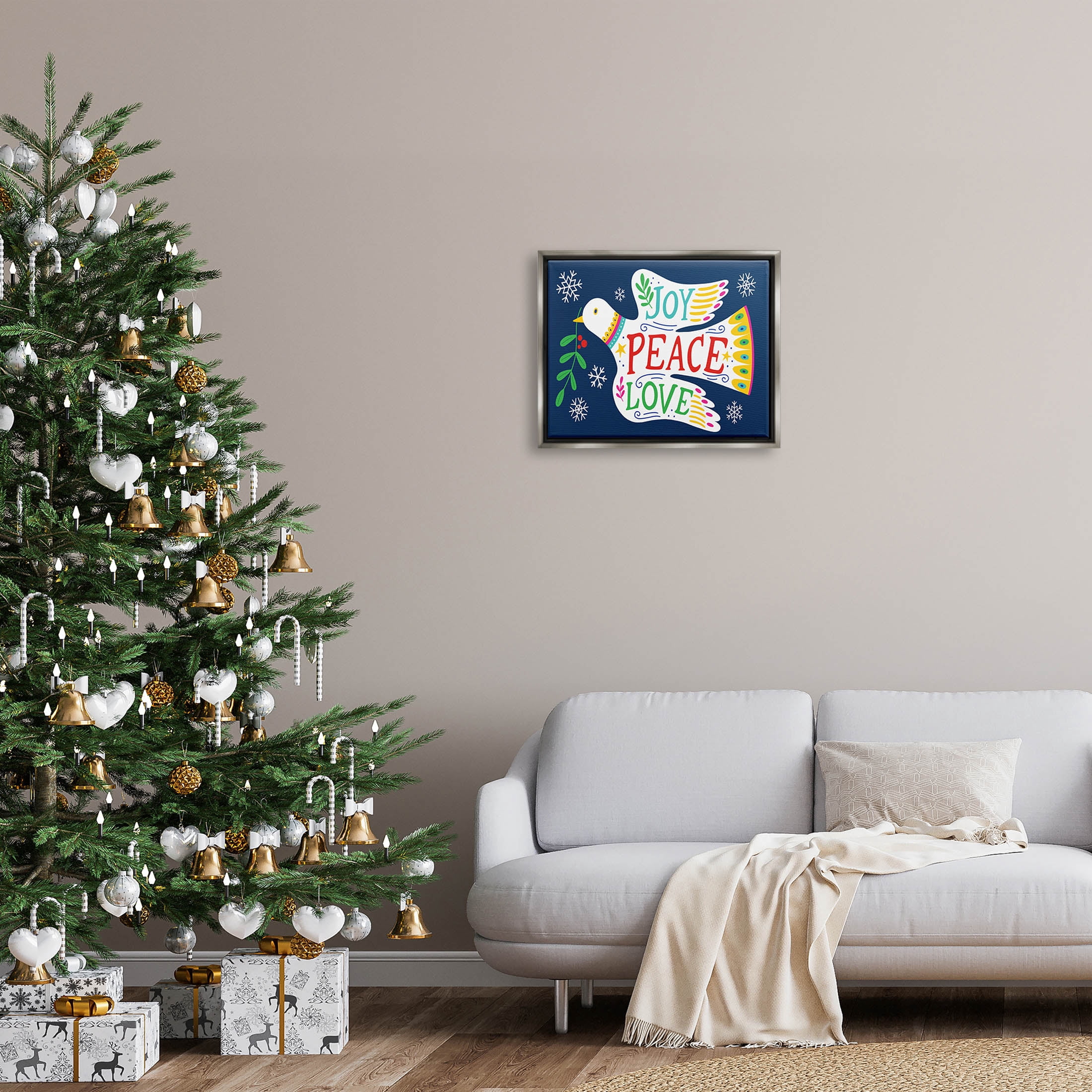 Joy Peace Love Dove Holly Sprig Holiday Graphic Art Luster Gray Framed Art Print Wall Art