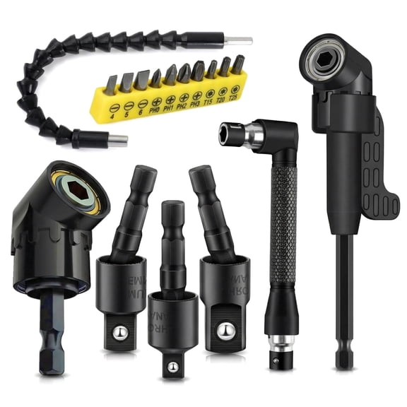 17-Piece Flexible Drill Bit Extension Set with 105 Degree Right Angle Attachments, 90 Degree Screwdriver, and Drill Holders