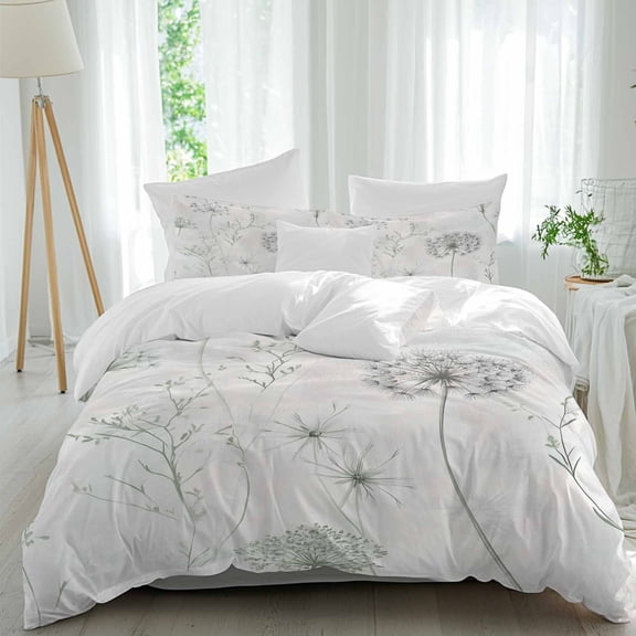 3 Piece Dandelion Green Botanical Duvet Cover Set Twin Size, Microfiber Comforter/Quilt Cover with Corner Ties and 2 Pillowcases, Vintage Watercolor Floral All Season Soft Bedding with Zipper Closure