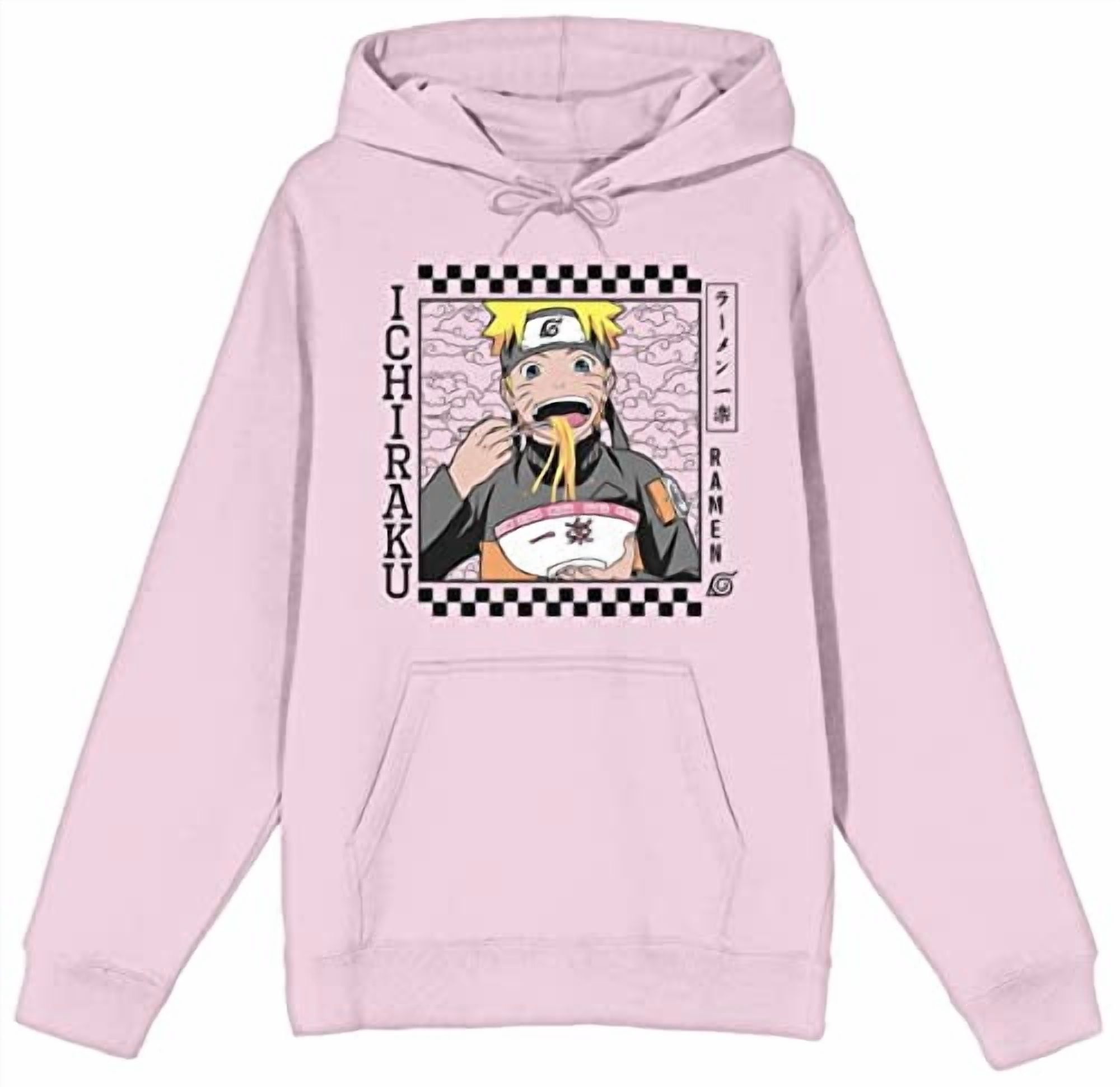 Naruto Shippuden Ichiraku Checker Border Long Sleeve Cradle Pink Men's Hooded Sweatshirt-XL