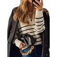 thumbnail image 2 of Women Fall Winter Half Zip Striped Pullover Sweaters Trendy V Neck Oversized Long Sleeve Knit Clothes Cream White M, 2 of 7
