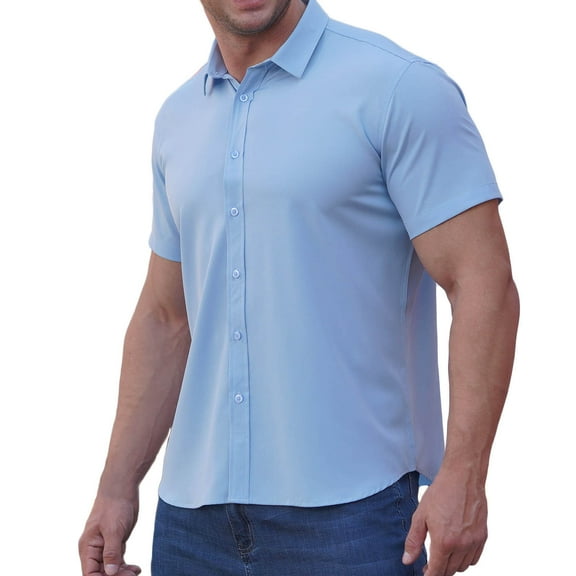 Lovskoo 2024 Mens Dress Shirts Short Sleeve Collared Button Dowm Shirts for Men Trendy Business Button Up Turndown Collar Pocket Shirt Blouse Light Blue 5XL