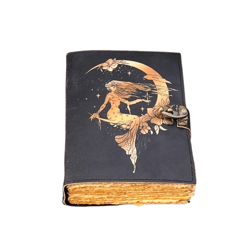 Handmade Leather Journal with Vintage Deckle Paper – 5x7 Inch Fairy & Moon Embossed Notebook, 200 Pages