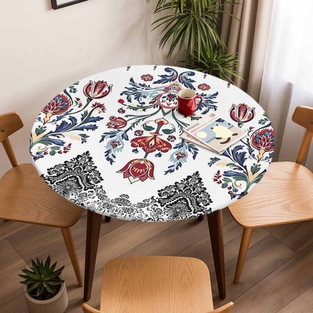 Round Fitted Tablecloth with Elastic Edge Vintage Bohemian Geometric Stripes Fitted Table Cloth for Round Tables Abstract Ethnic Tribe Waterproof Tablecloth for Outdoor Picnic Party 45-54in