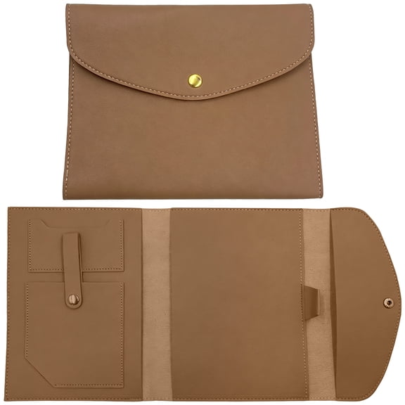 A5 Book Cover PU Leather Portfolio Organizer, Tri-Fold Notebook Cover with Card Slots, Pen Holder, File Pocket, Button Closure, 8.7 x 6.7 in Light Brown