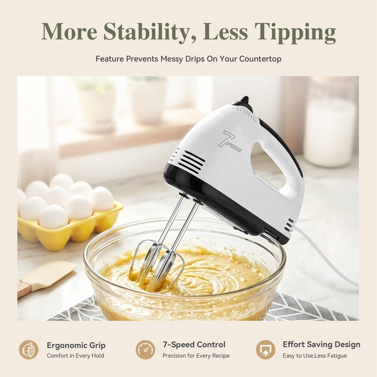 TINANA Hand Mixer Electric, 7 Speed Handheld Cake Mixer, Stainless Steel Beaters and Dough Hooks, Turbo Boost, White