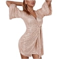thumbnail image 1 of AherBiu Robe Courte à Paillettes pour Femmes Scintillante à Manches 3/4 Portefeuille avec Lien, Décolleté en V Profond, Soirée, Fête, Cocktail, 1 of 7