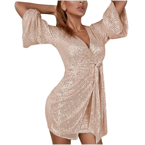 Lindreshi Summer Dresses for Women 2024 Women's Sequin Dress With A Stylish Waistband and Sexy Lace Up Banquet Dress