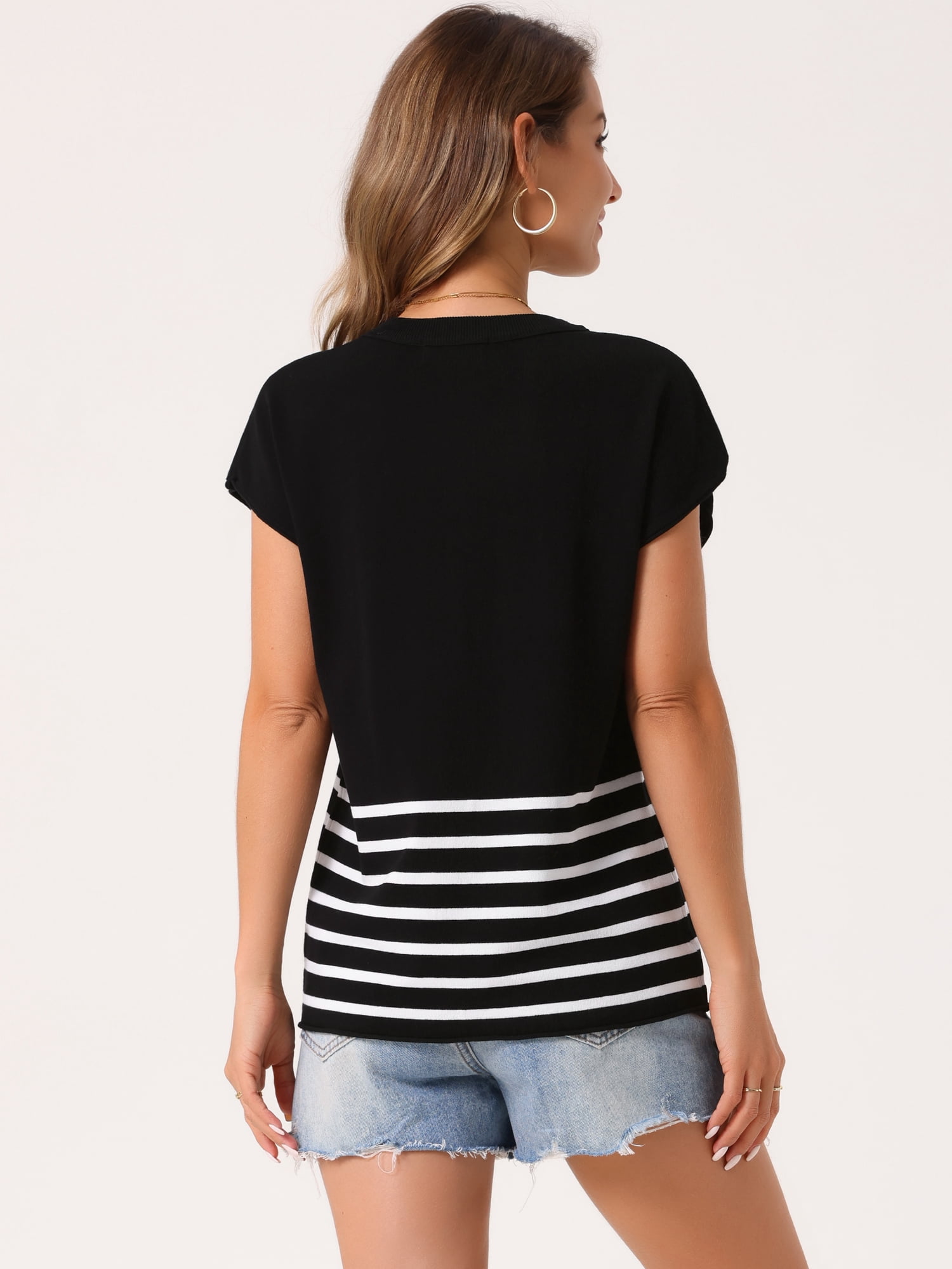 DARING DIVA Sleeveless Round Neck Striped Sweater Vest Cap Sleeve L Black