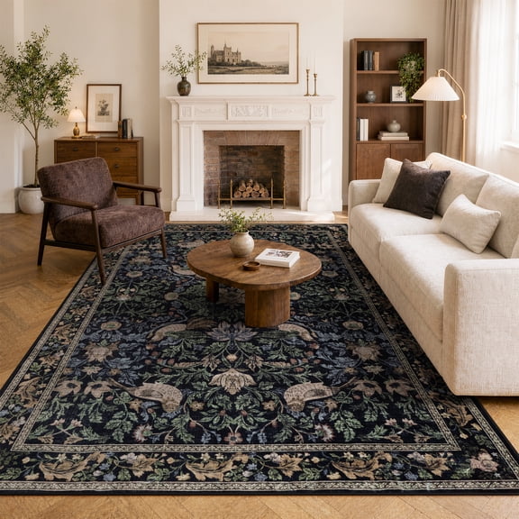 Lahome Decor 8'x10' Floral Area Rug for Living Room ,Area Rug 8x10ft ,Non Slip Machine Washable Rugs ,Vintage Black Rug Low Pile Boho Bird Rug for Bedroom Dining Room Office Farmhouse,Black