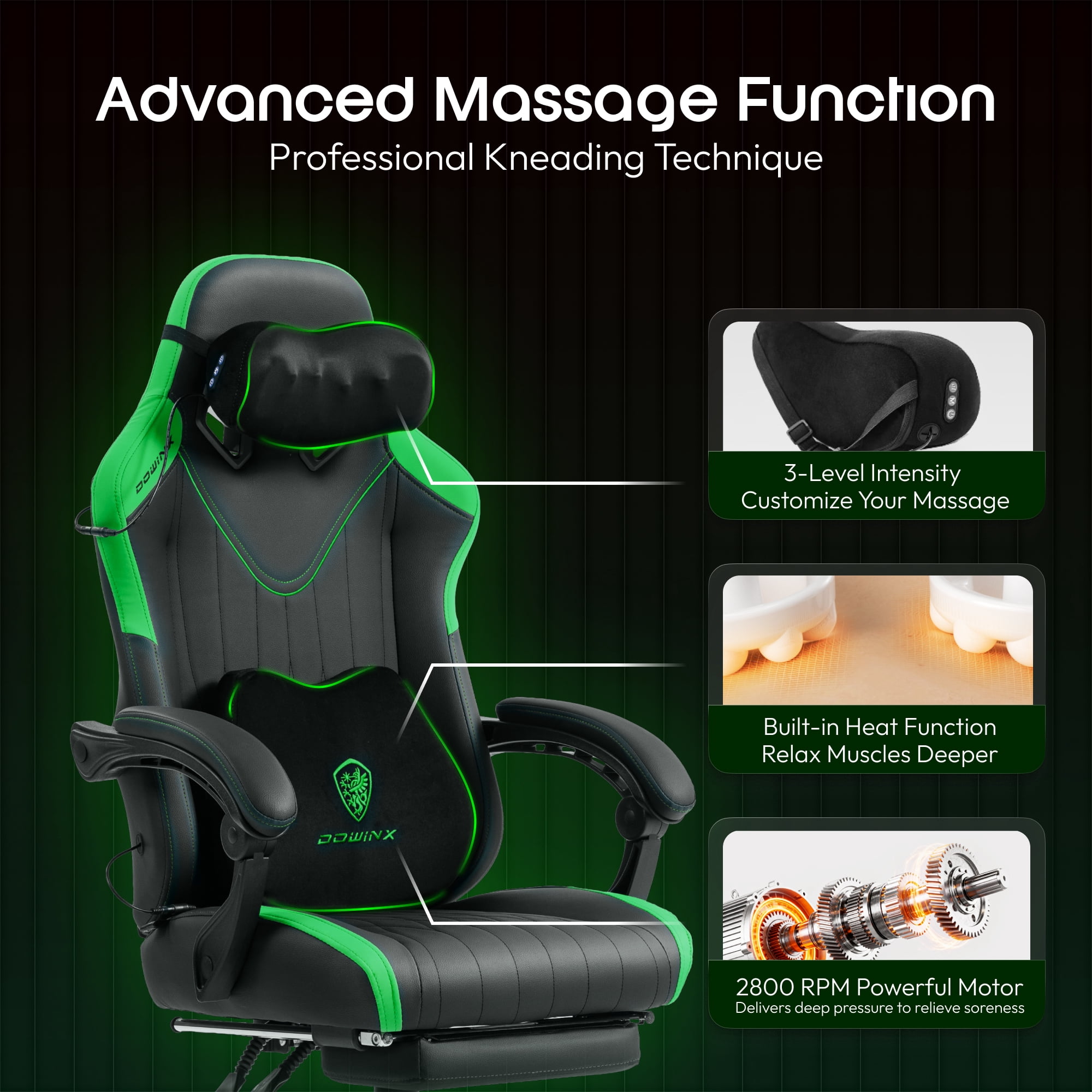 GOOSEA Gaming Chair with Shiatsu Massage for Neck, Lumbar Support, Ergonomic High Back Recliner for Home Office, Adjustable Height Computer Desk Chair with Premium Comfort Design, Green