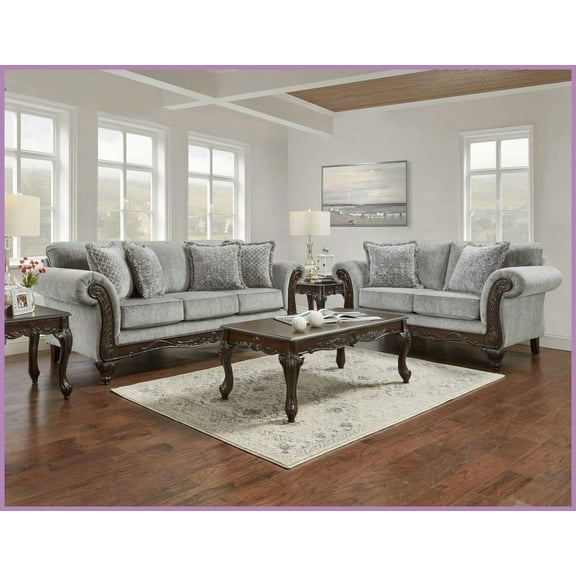 Traditional American Carved Wood Sofa & Loveseat Set – Gray Chenille & Faux Leather, Living Room Comfort