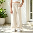 thumbnail image 2 of OSOLU Girls Pants Elastic Waistband Front Patch Pockets Relaxed Wide Leg Kids Casual Trousers White, 2 of 4