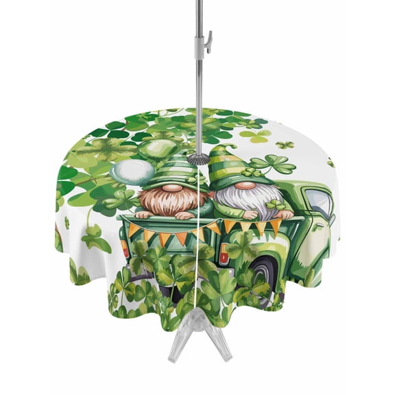 St Patrick's Day Outdoor Tablecloth - 54 Inch Round Dining Table Cover, Lucky Shamrock Tree Gnomes Truck Leaf Green Waterproof Outdoor Table Cloth with Umbrella Hole & Zipper for Picnic/Patio/Party