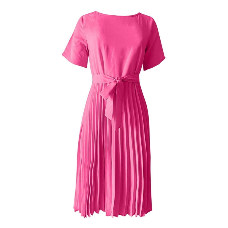 YUHAOTIN Jumper Dress for Women Women's Solid Color Round Neck Pleated Lace  Up Loose Short Sleeve Dress Tshirt Dress Women Plus Size Casual Dresses -  Walmart.com