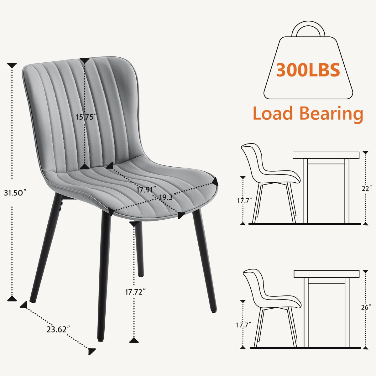 Modern Dining Chairs Set of 2, PU Leather Upholstered Kitchen Side Chairs with High Backrest, Heavy Duty, Cushions & Durable Metal Legs with Adjustable Feet for Kitchen, Dining Room,Restaurant,Grey