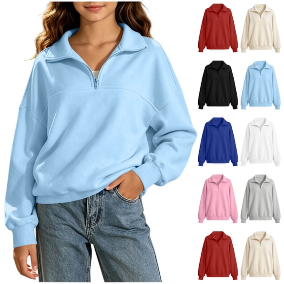 Auroural Teen Girls Sweatshirts 14-16 Girls Clothes 14-16 Girls Sweatshirt Girls Clothes Girls Half Zip Collar Sweatshirt Long Sleeve Loose Drop Shoulder Casual Pullover Top
