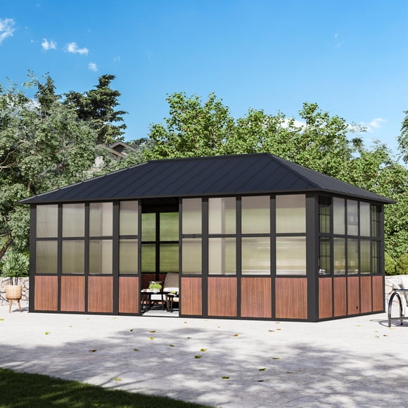 Modern Shade Gazebo de Solarium 12'x20 Pieds pour Véranda, Support Télé, Portes Coulissantes, Double Toit, Toit Rigide en Aluminium à Grain de Bois Ventilé pour Patio