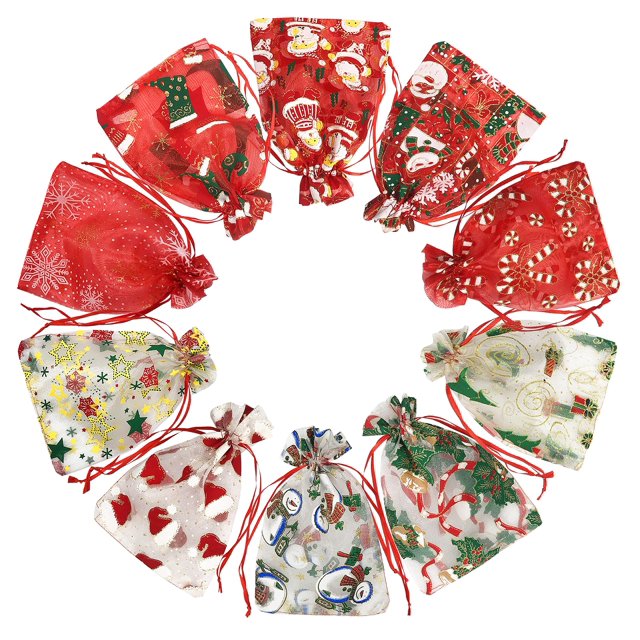 Bolsas de regalo navideñas de organza Jexila, 24 unidades, 10 x 15 cm, con cordón
