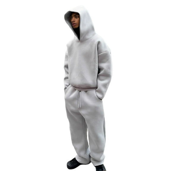 Zylarhe Male Casual Solid Two Piece Hooded Sports Suit Pocket Raglan Sleeve Hoodies Drawstring Pant Set Suit Jacket for Big Men