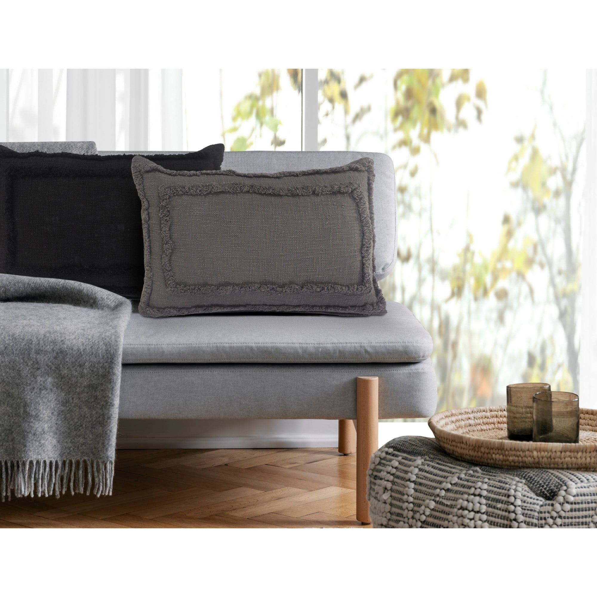 Laddha Home Designs Geometric Bordered Loomed Rectangular Cotton Lumbar Pillow Cover - 24" - Gray