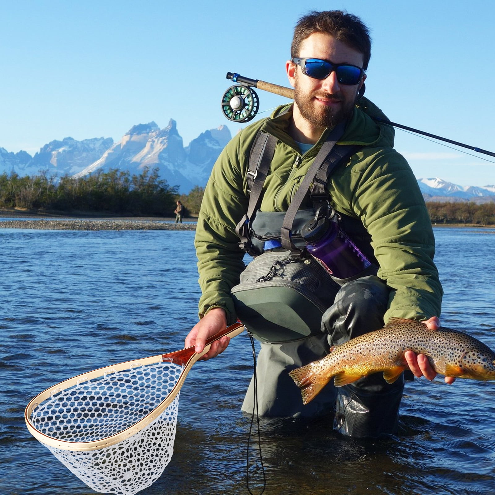 Fly Fishing Net, Soft Rubber Mesh Landing Nets for Fishing, Wooden Frame Catch and Release Net, Trout Fishing Nets with Handle, Fly Fishing Accessories for River, Lake and Stream