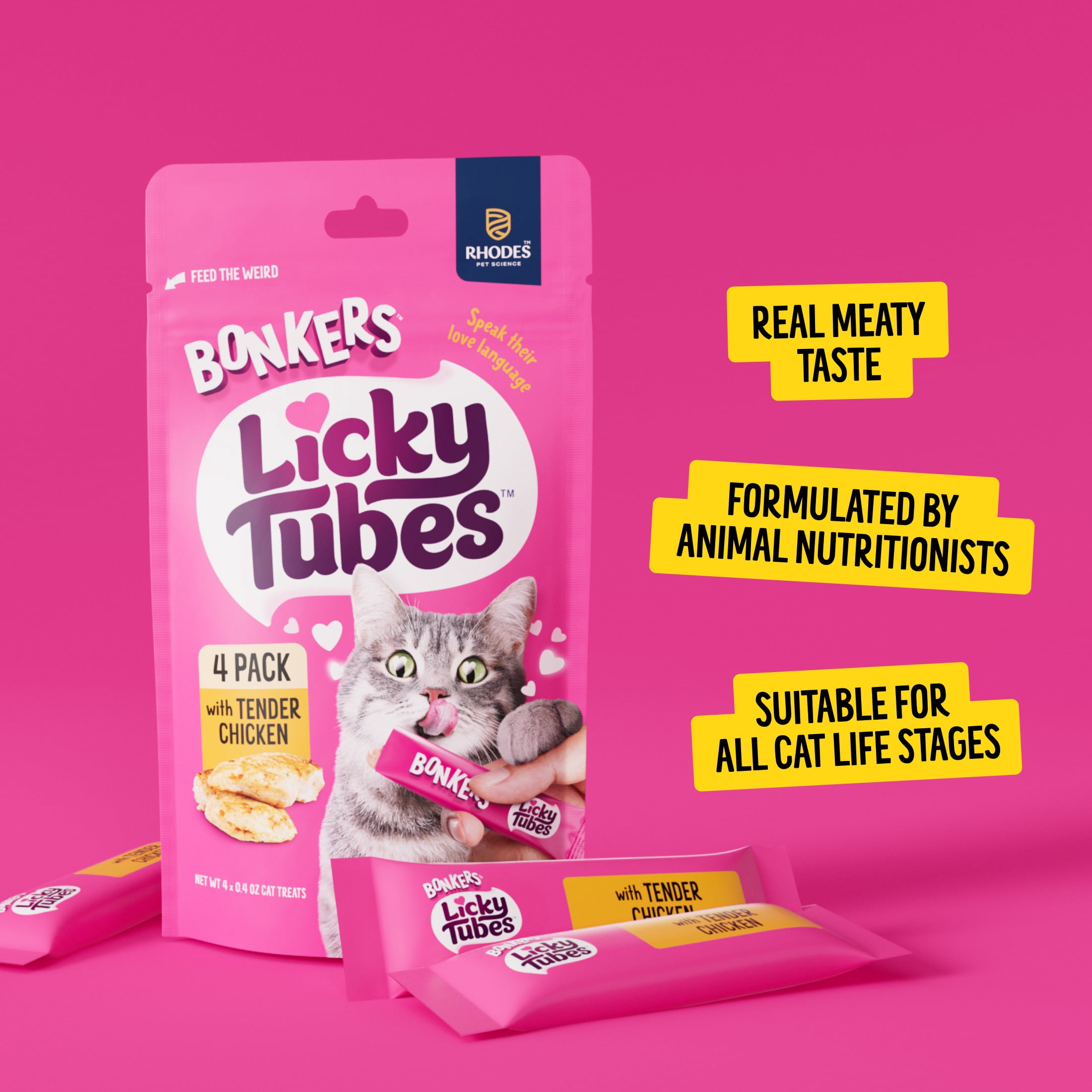 BONKERS Licky Tubes Chicken Flavored Wet Lickable Treats for Cats, 4 Pack