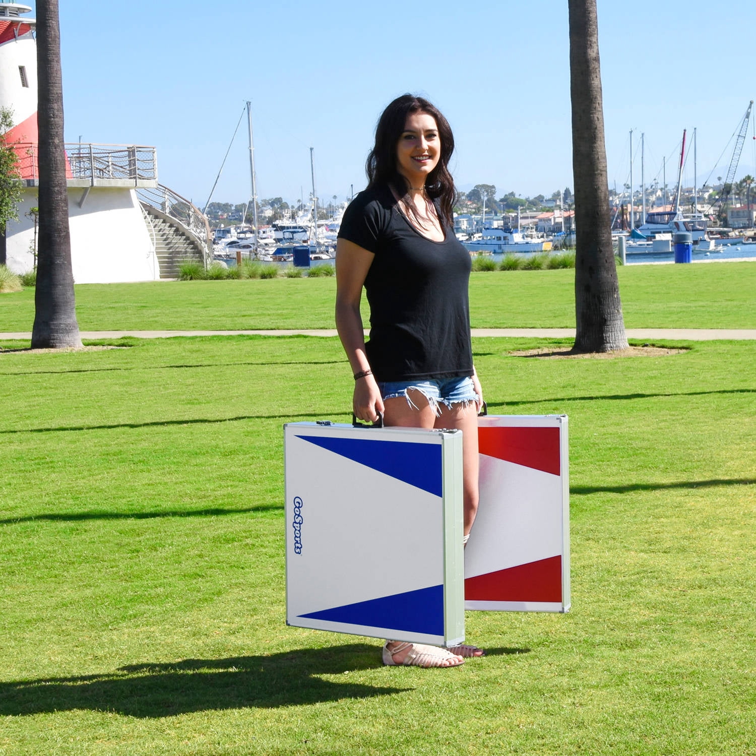 GoSports CornHole PRO Regulation Size Bean Bag Toss Game Set, Superior Aluminum Frame, Red and Blue Design