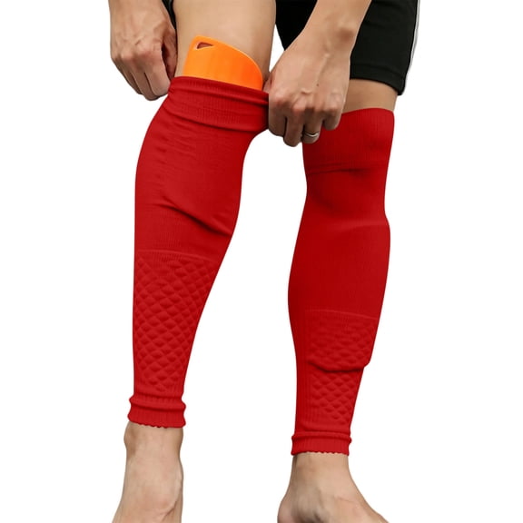 BRGZLK Boys Girls Soccer Sock Sleeves Shin Guard Student Training Match Bottomless Socks Thickened Over-the-Knee Soccer Sleeves Suitable for Football Basketball Running Red 7-12 Years