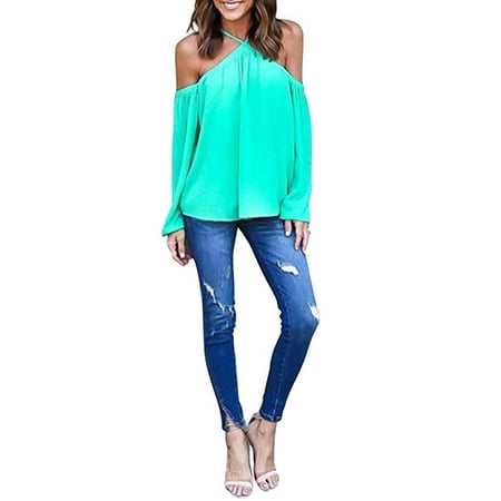 Women's Chiffon Off Shoulder Spaghetti Halter Long Sleeve Shirt Blouse Top