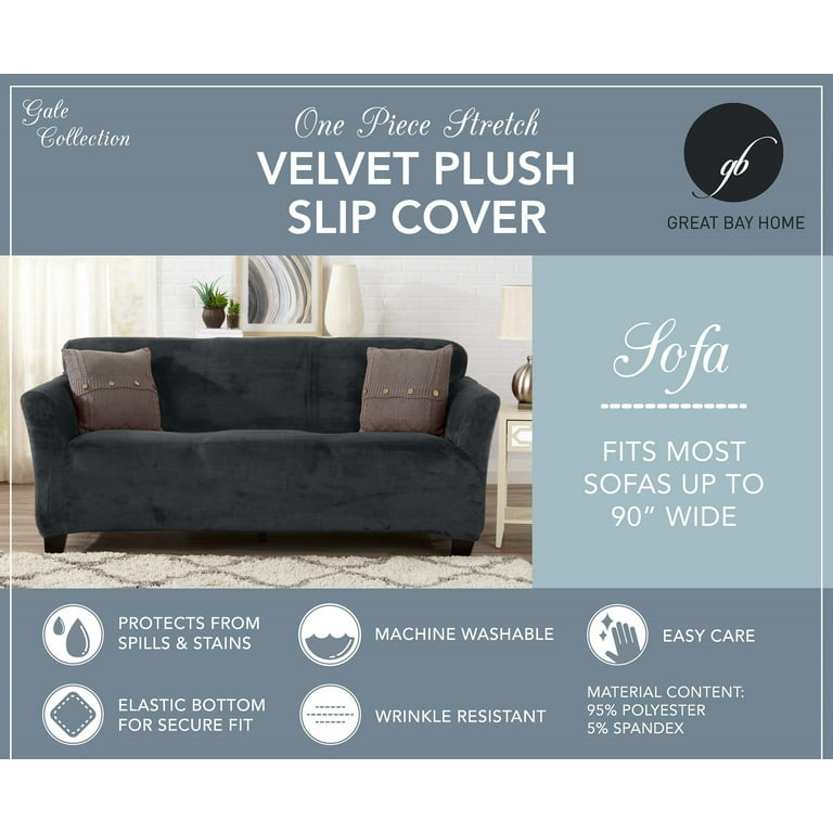 Great Bay Home Stretch Velvet-Plush Washable Loveseat Slipcover (Loveseat,  Dark Grey)