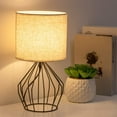 thumbnail image 2 of Black Bedside Table Lamp Modern Style Black Hollowed Out Base with Tan Linen Fabric Shade, 2 of 7