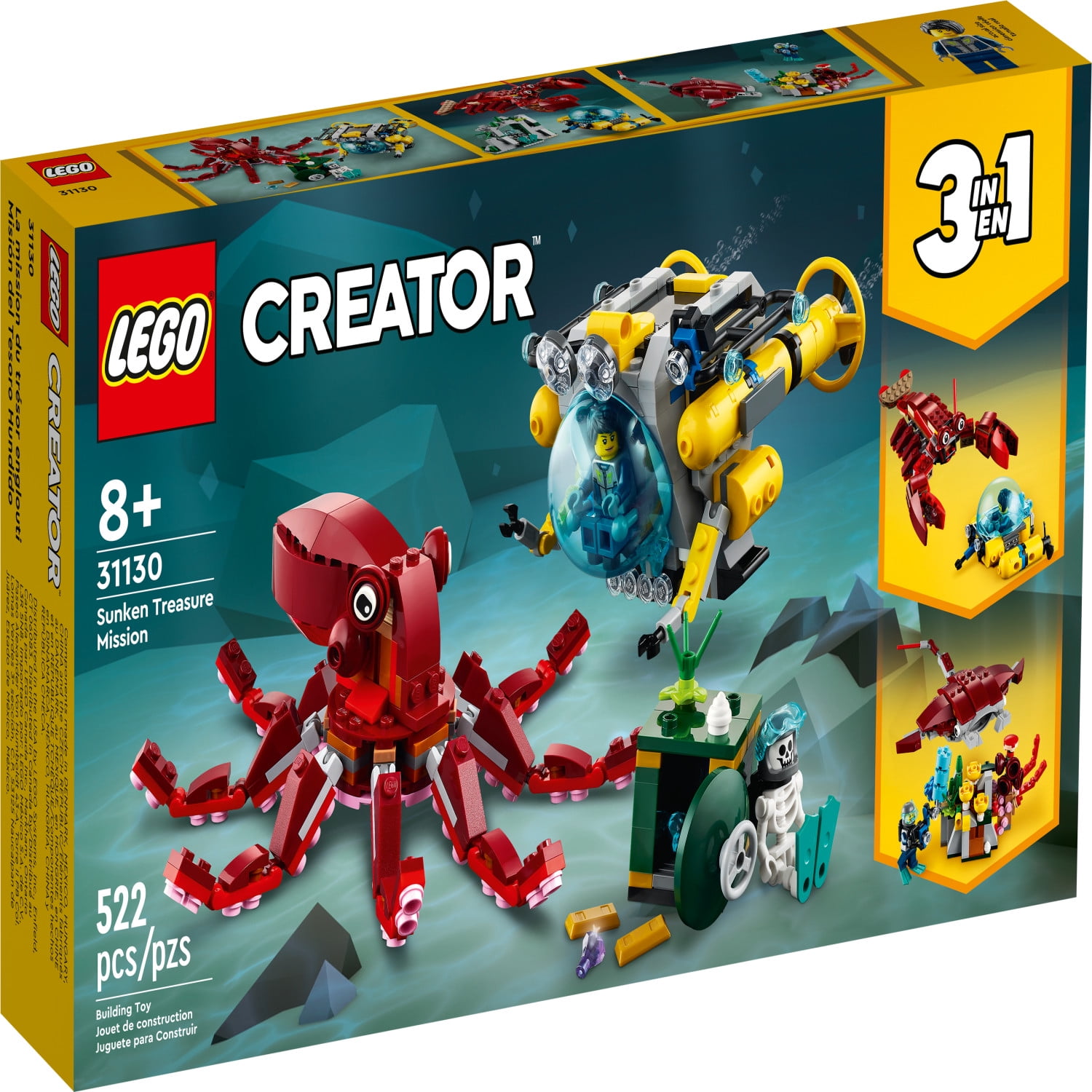 LEGO Creator 3 in 1 Sunken Treasure Mission Submarine Toy, Underwater Creatures Transform from Octopus TP Lobster to Manta Ray, Fun Sea Animal Figures, 31130 Plastic