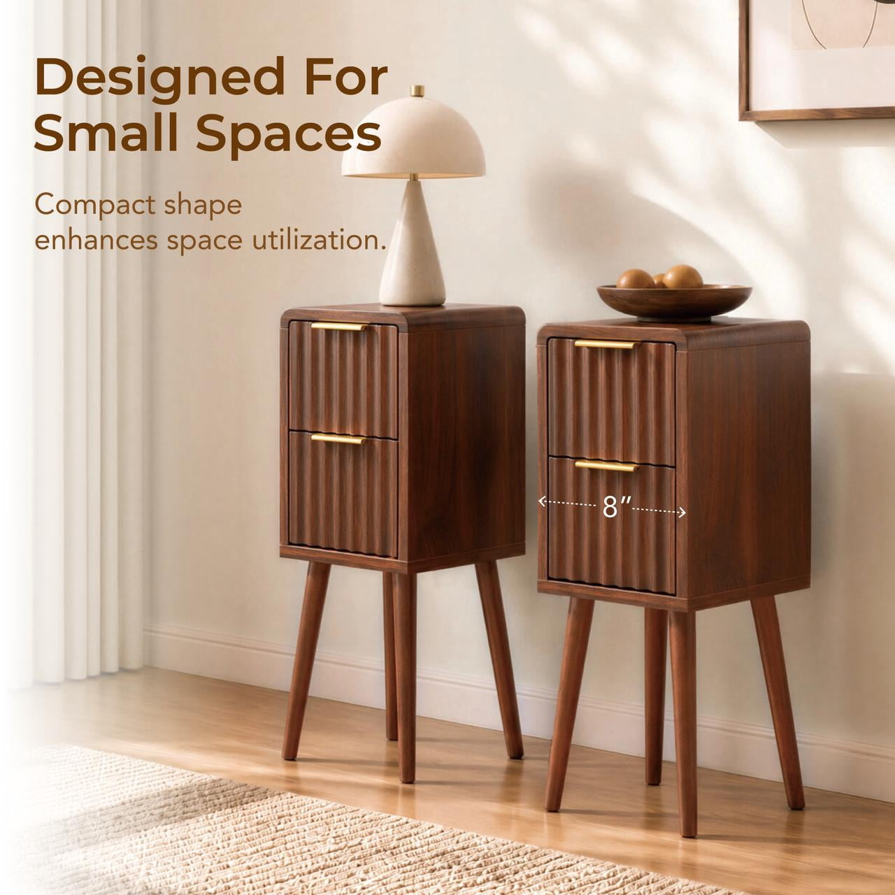 Spruce & Spring Mid-Century Modern Fluted Narrow Nightstands with 2 Drawers & Gold Handles for Bedroom, End Table for Small Spaces, Walnut