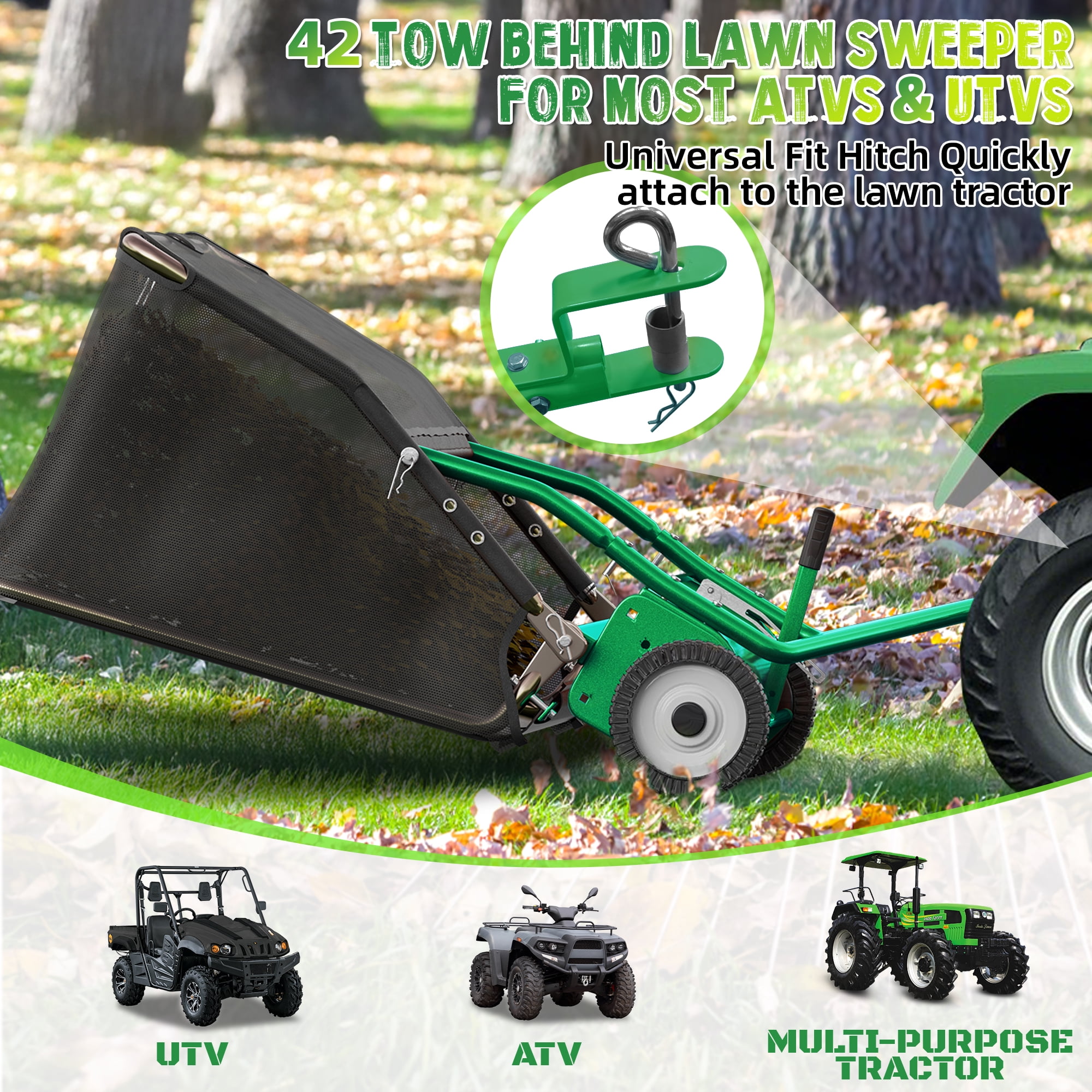 42" Tow-Behind Lawn Sweeper, 18.55 Cu.Ft Large Hopper Leaf & Grass Collector, Adjustable Brush Height, Easy Dumping Rope, Heavy Duty Yard Cleanup Tool for Lawn Tractor ATV