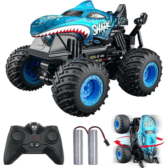 RC Monster Truck 2.4GHz High-Speed RC Car, All Terrain Shark Design with Light & Music, 360° Stunt, 2 Rechargeable Batteries (50  Mins) Blue