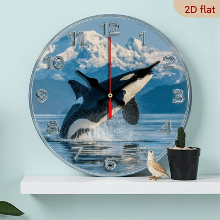 2D Flat 1pc 10Inch Wooden Wall Clock - Modern Farmhouse Decor with Orca Whale Ocean Design - Easy-to-Read Black Hands - Non-Ticking Silent Sweep Movement - Wooden Round Clock for Living Room