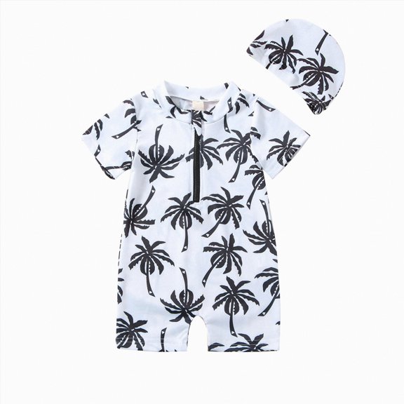 JUMEYU Baby Boy Swimsuit with Sun Hat Baby Boy Swimsuit Rash Guard Toddler Zipper Swimwear Beach Sun Protection Infant One Piece Bathing Suit 6 12 Months (White,6-12 Months)