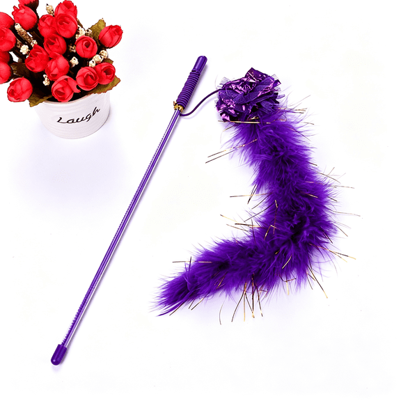 BESTSKY Purple Cat Teasing Stick Toy-Interactive Stick with Sparkly Feather Boa&Crinkle Ball for Indoor Cat Training&Fun Interactive Cat Toy Wand