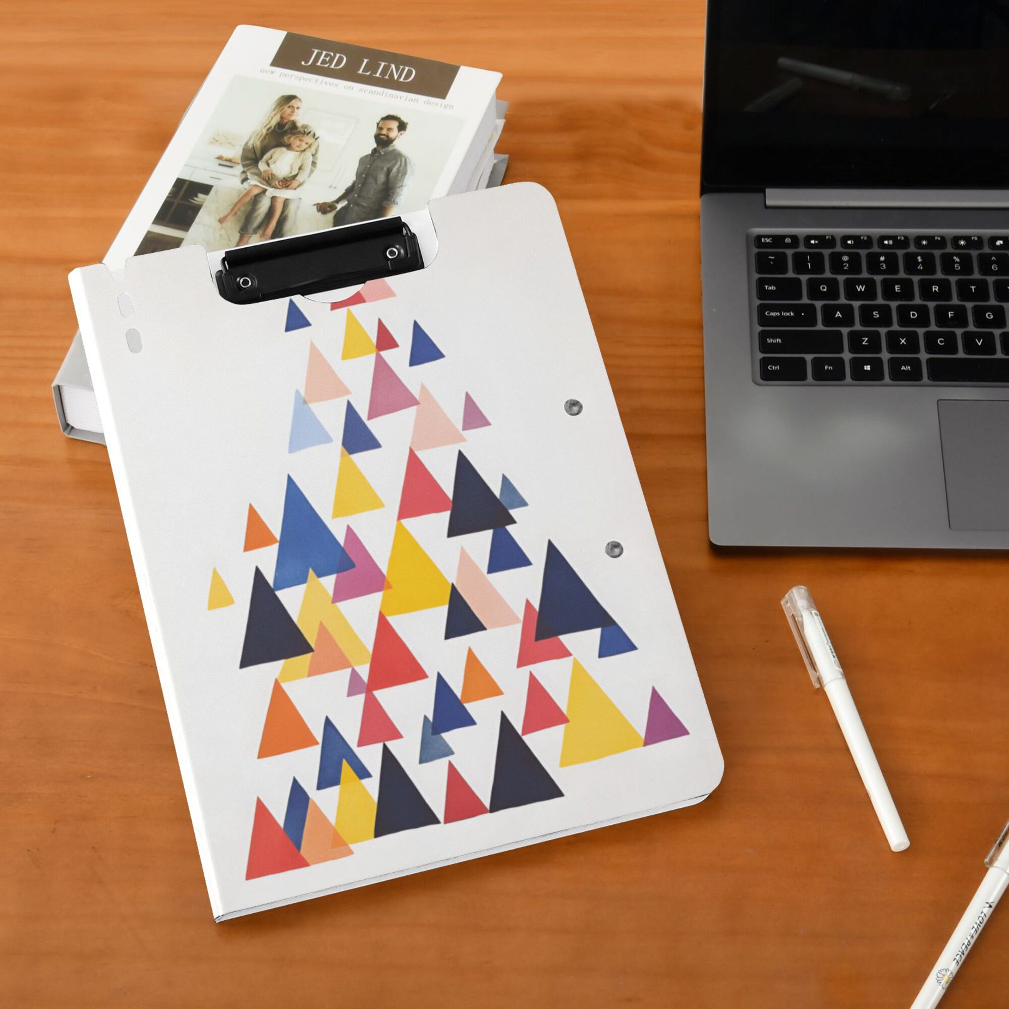 FORMRS A4 Clipboard Folder with Pen Holder Horizontal Foldable School Office Binder, White Abstract Triangles