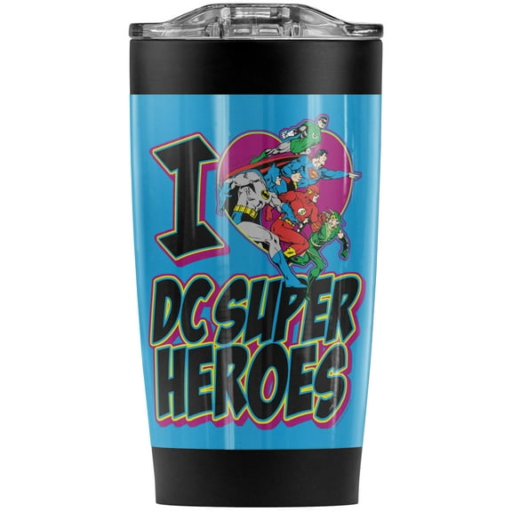 Justice League I Heart Super Heroes Stainless Steel Tumbler 20 oz Coffee Travel Mug/Cup, Vacuum Insulated & Double Wall with Leakproof Sliding Lid | Great for Hot Drinks and Cold Beverages