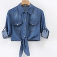 thumbnail image 3 of Women's Denim Shirt with Detachable Tie Bow, 3/4 Length Flutter Sleeves, Lightweight Chiffon Capelet Short Jacket, 3 of 12