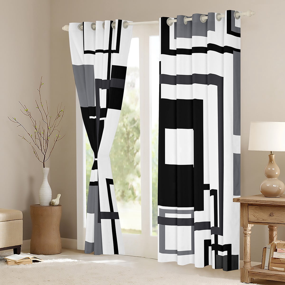 Erosebridal Black White And Grey Window Curtains 42"Wx84"L For Men,Abstract Geometric Blackout Curtains Geometry Square Striped Window Curtains Simple Lines Curtains 2 Panels Modern Bedroom Decor