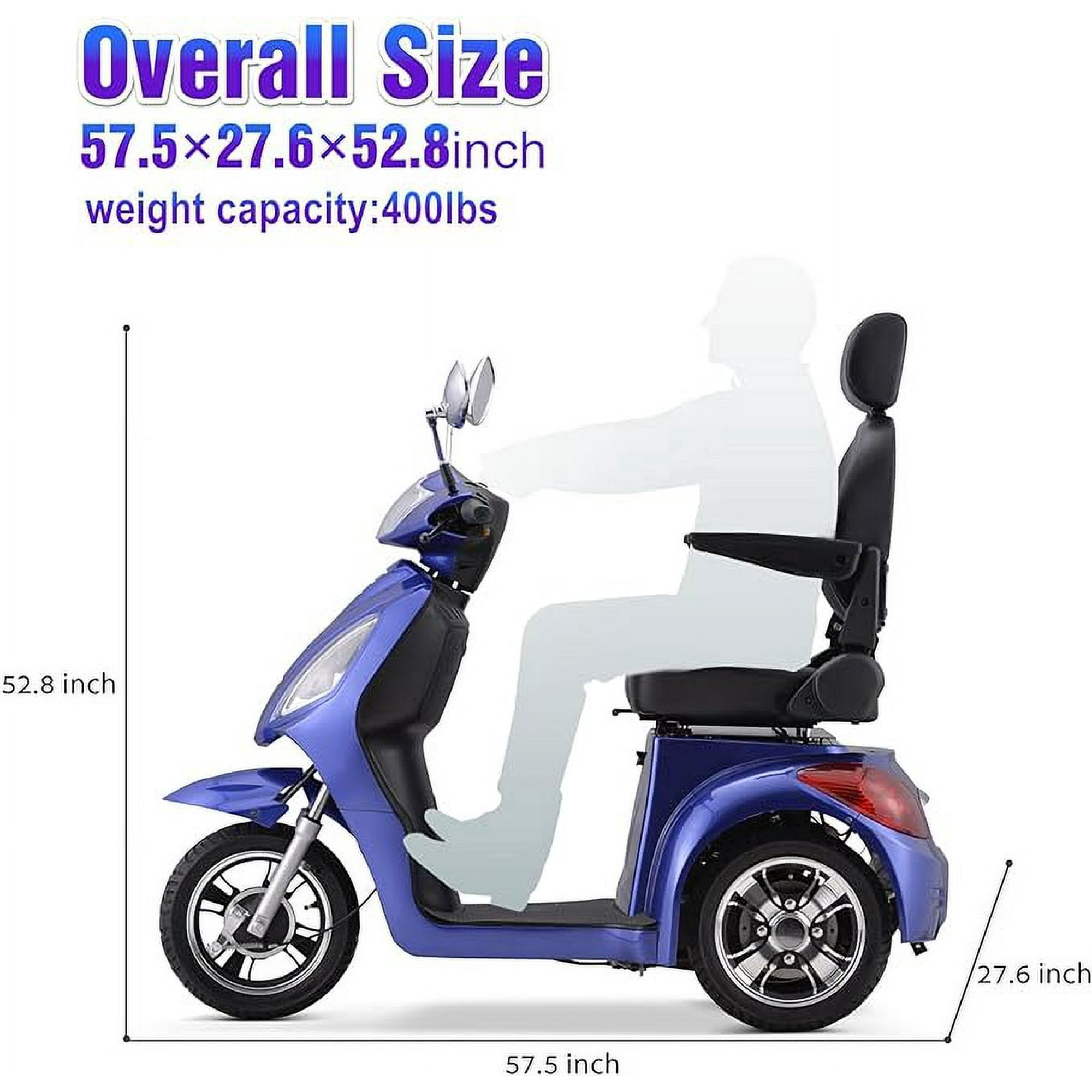 SKRT Large 3 Wheels Mobility Scooter (XW-E02), Electric Heavy Duty Wheelchair Device, 500 LBS Capacity for Seniors & Adults, Speed Adjust, Seat Extension