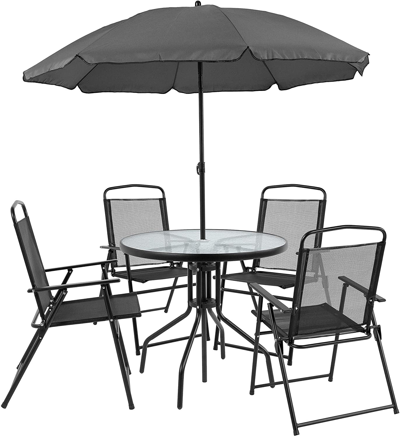 Flash Furniture Nantucket 6 Piece Black Patio Garden Set With Table Umbrella And 4 Folding Chairs Com - Plastic Patio Table And Chairs With Umbrella Hole