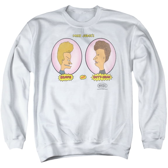 Beavis And Butthead Heads In Ovals Unisex Adult Crewneck Sweatshirt (X-Large) White