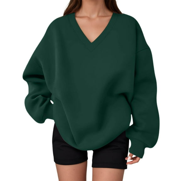 HJYCHN Women Oversized V Neck Pullover Sweatshirt Long Sleeve Elegant Casual Sporty Hoodless Top Dark Green M