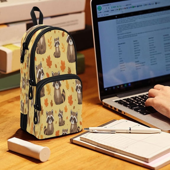 Backpack Pencil Case, 3 Compartment Large Capacity Oxford Fabric Pencil Pouch / Sweet Raccoons Fall Pattern